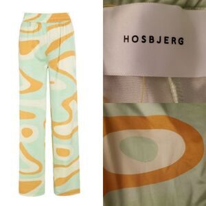 $160 NEW HOSBJERG stretch satin GREEN TAN COMFORT 1970s PRINT PANTS L LARGE NWT